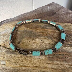 Vintage Sterling Silver & Turquoise Bracelet With Marcasite Accents